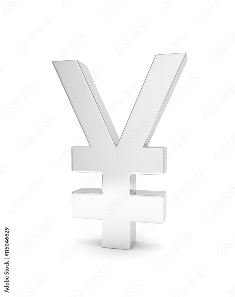 Fototapeta premium Isolated silver yen yuan sign on white background. Chinese japanese currency. Concept of investment, asian market, savings. Power, luxury and wealth. 3D rendering.