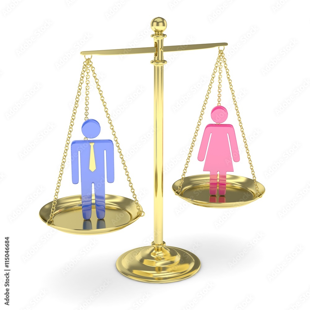 Isolated old fashioned golden pan scale with man and woman on white background. Gender inequality. Equality of sexes. Law issues. Colorful model. 3D rendering. Isolated old fashioned golden pan scale with man and woman on white background. Gender inequality. Equality of sexes. Law issues. Colorful model. 3D rendering.