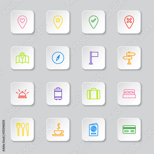 colorful line travel icon set on white rounded rectangle button for web design user interface (UI) infographic and mobile application (apps)