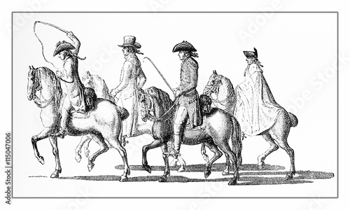 Fotografia Year 1789  lifestyle and fashion, gentlemen riding in tricorn and rendingote