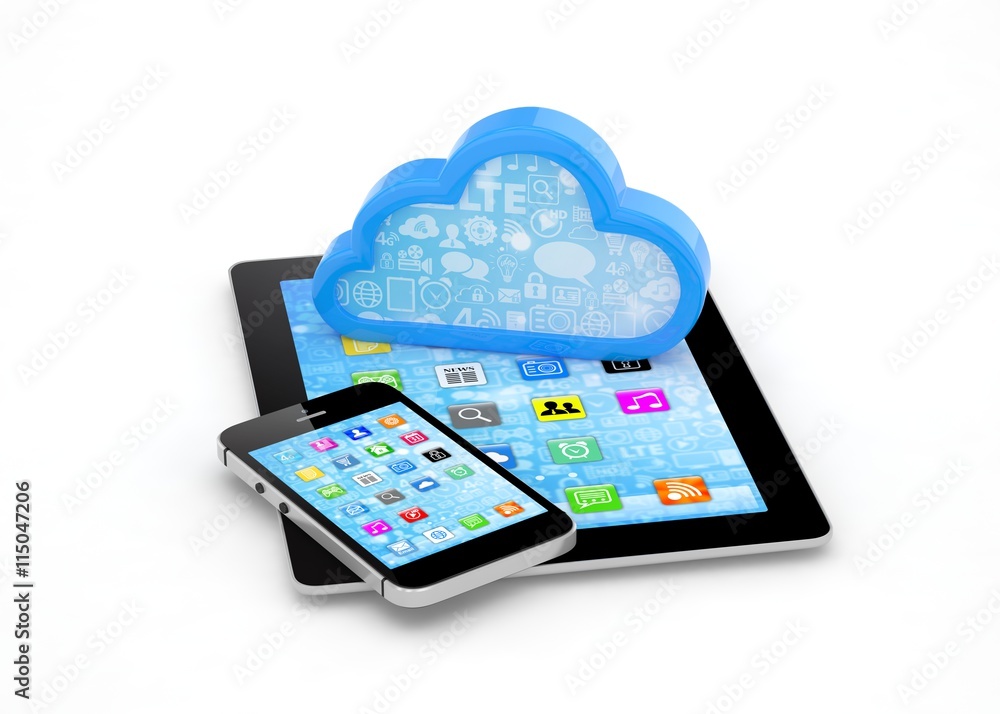 tablet pc, smart phone and cloud. 3d rendering. tablet pc, smart phone and cloud. 3d rendering.