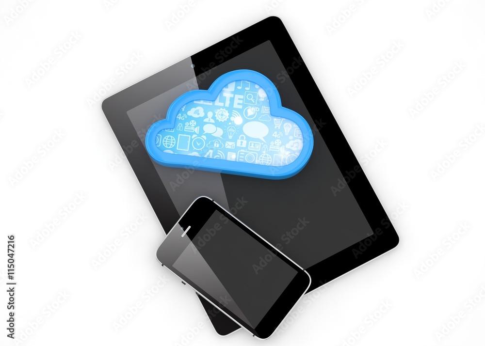 tablet pc, smart phone and cloud. 3d rendering. tablet pc, smart phone and cloud. 3d rendering.