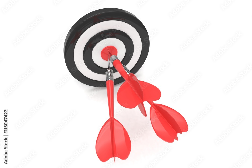 Three arrows darts in center. 3d rendering. Three arrows darts in center. 3d rendering.