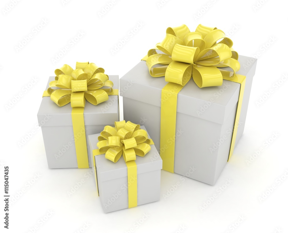 three gift boxes with bows isolated on white. 3d rendering. three gift boxes with bows isolated on white. 3d rendering.