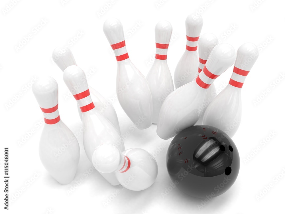 Bowling ball and skittles isolated. 3d rendering. Bowling ball and skittles isolated. 3d rendering.