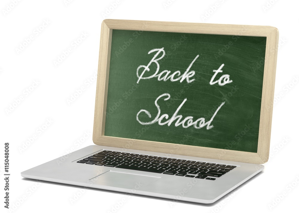 Laptop with chalkboard, back to school, online education concept. 3d rendering. Laptop with chalkboard, back to school, online education concept. 3d rendering.