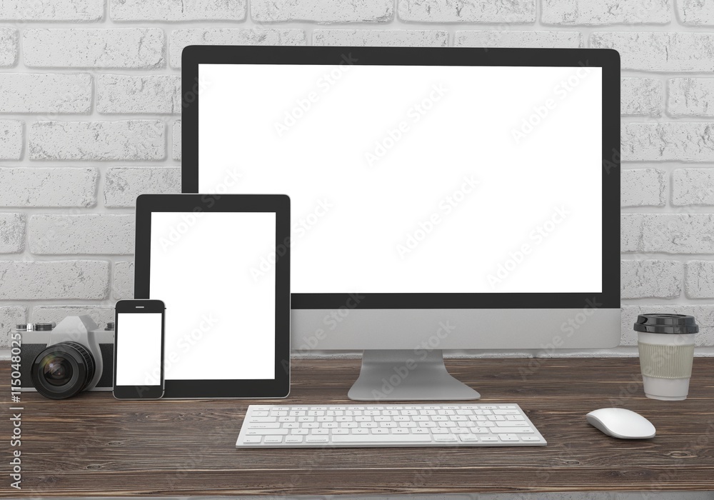 Fototapeta premium Responsive mockup screen. Monitor, tablet, phone on table in office. 3d rendering.