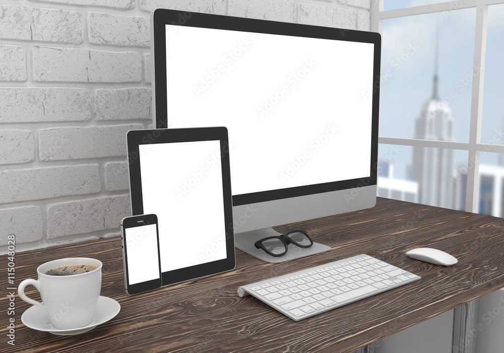 Responsive mockup screen. Monitor, tablet, phone on table in office. 3d rendering. Responsive mockup screen. Monitor, tablet, phone on table in office. 3d rendering.