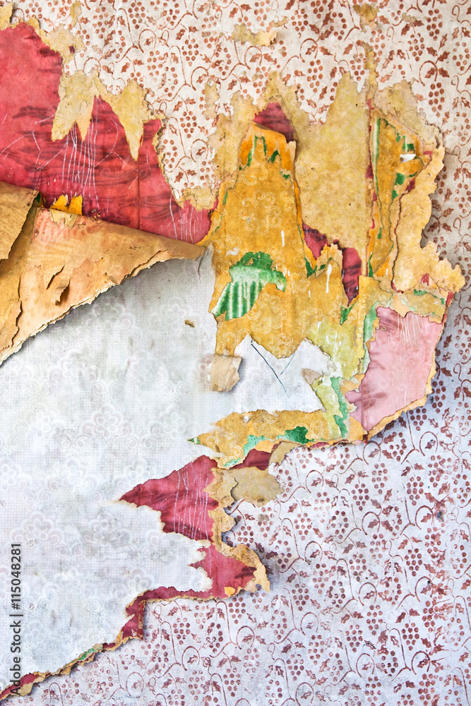 Naklejka premium Old grunge tattered wallpaper in a ruined house
