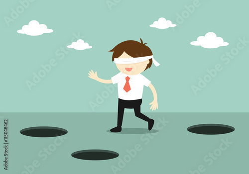 Business concept, Blindfolded businessman is walking. Vector illustration.