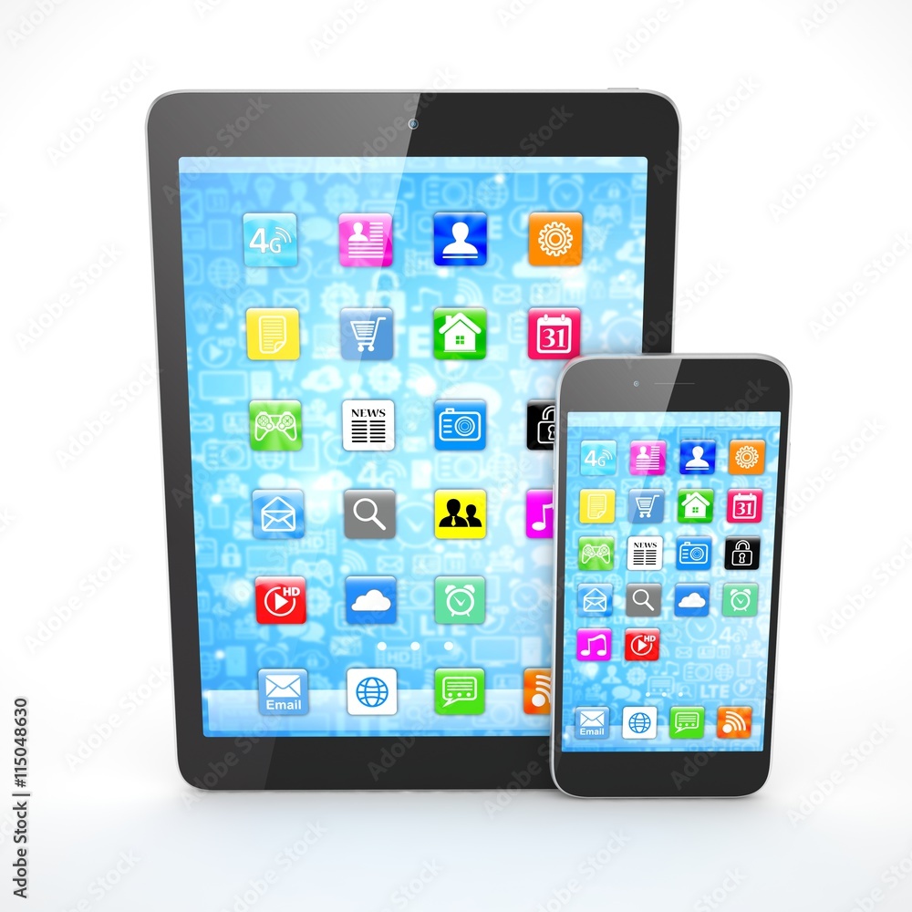 Tablet and smartphone on a white. 3d rendering.