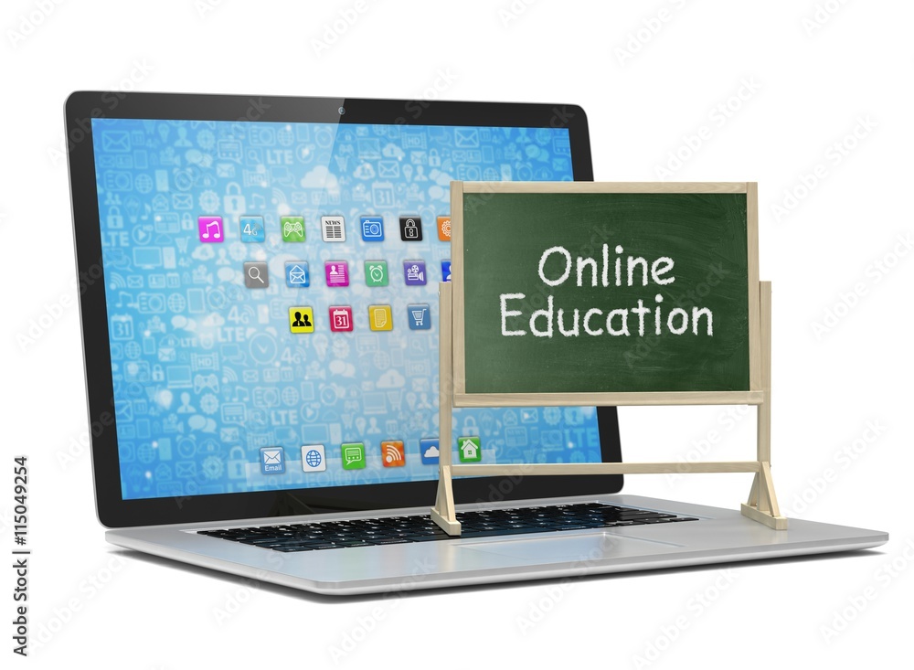 Laptop with chalkboard, online education concept. 3d rendering. Laptop with chalkboard, online education concept. 3d rendering.
