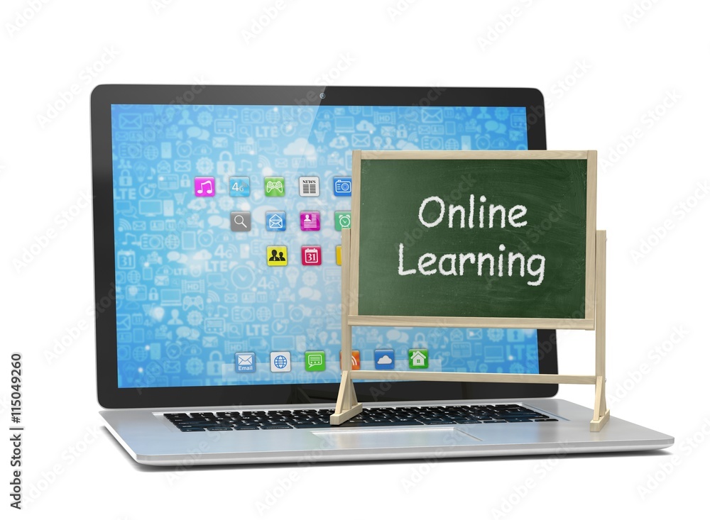 Laptop with chalkboard, online education concept. 3d rendering. Laptop with chalkboard, online education concept. 3d rendering.