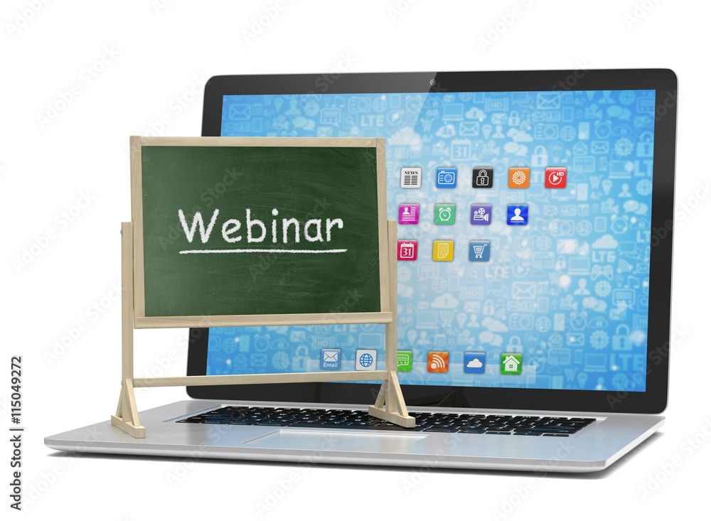 Laptop with chalkboard, webinar, online education concept. 3d rendering. Laptop with chalkboard, webinar, online education concept. 3d rendering.