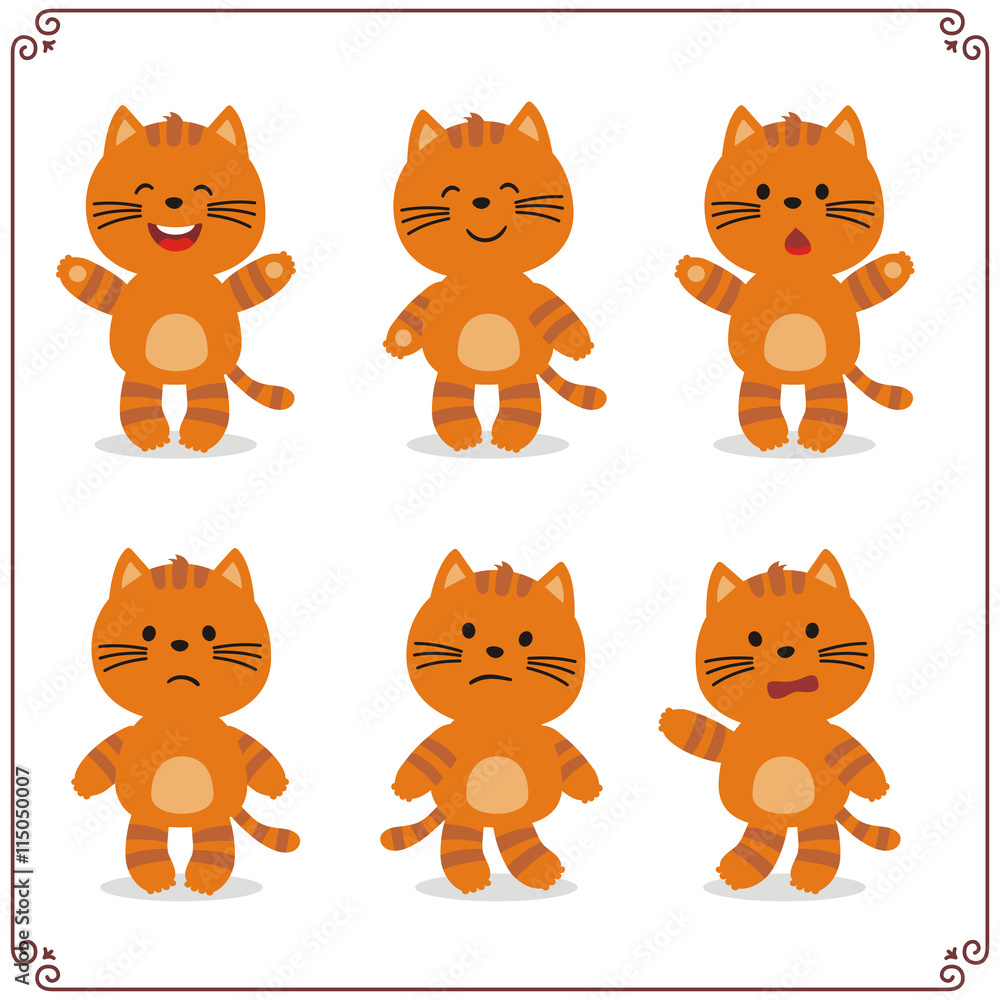 Fototapeta Set Vector Illustrations isolated emotion character cartoon kitten. Stickers emoticons kitten with different emotions.