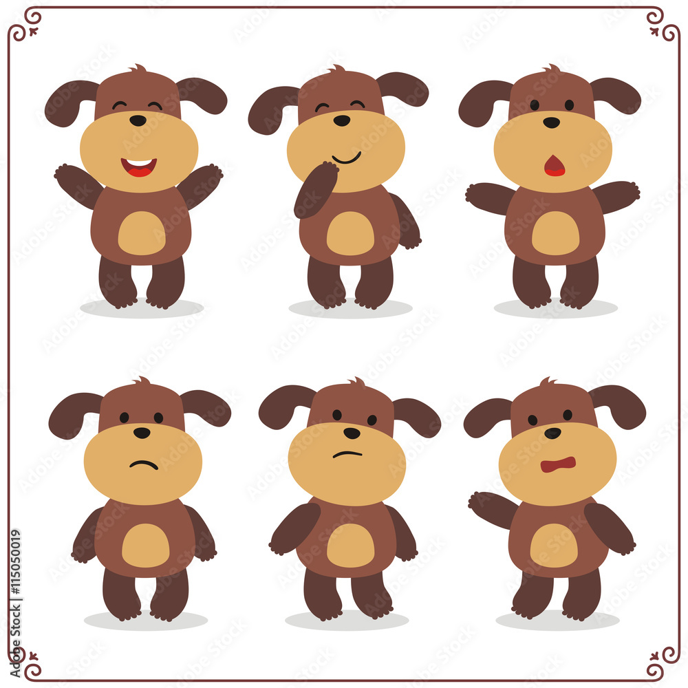 Set Vector Illustrations isolated emotion character cartoon puppy. Stickers emoticons puppy with different emotions. Set Vector Illustrations isolated emotion character cartoon puppy. Stickers emoticons puppy with different emotions.