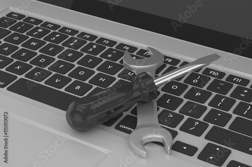 3D Illustration Wrench and screwdriver on laptop, service concept