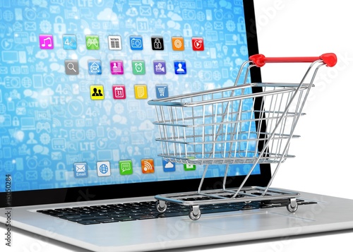 Shopping cart on laptop. 3d rendering.