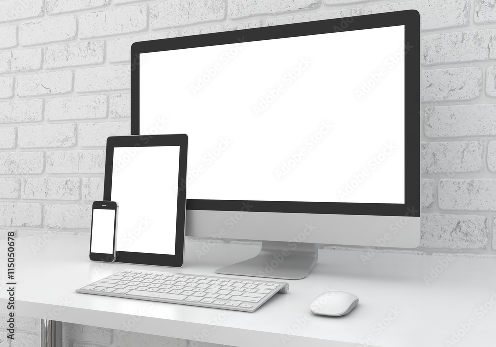 Responsive mockup screen. Monitor, tablet, phone on table in office. 3d rendering. Responsive mockup screen. Monitor, tablet, phone on table in office. 3d rendering.