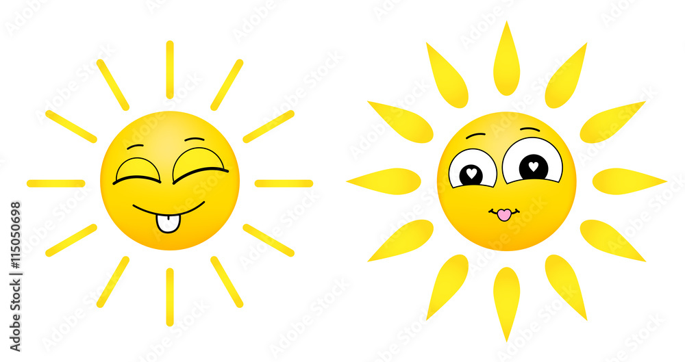 Vector cartoon illustrations of funny smiling sun. Summer hot smiley icons.