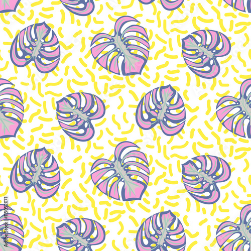 Monstera tropic plant leaves purple and yellow dashes seamless pattern. Exotic nature pattern for fabric, wallpaper or apparel.