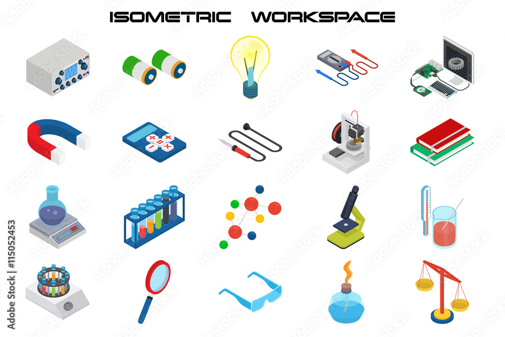 Isometric science icons with 3D design, electronics and chemistry equipment Isometric science icons with 3D design, electronics and chemistry equipment
