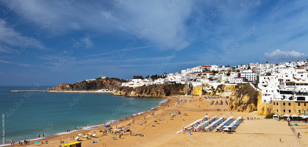 View of the old spa town of Albufeira and sandy city beaches, Algarve, Portugal