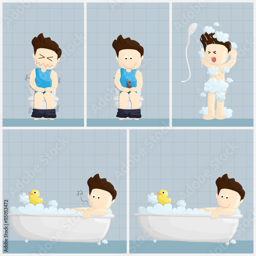 bath toilet shower time salary man cartoon lifestyle illustration.
cartoon salary man lifestyle in different emotions and activities.