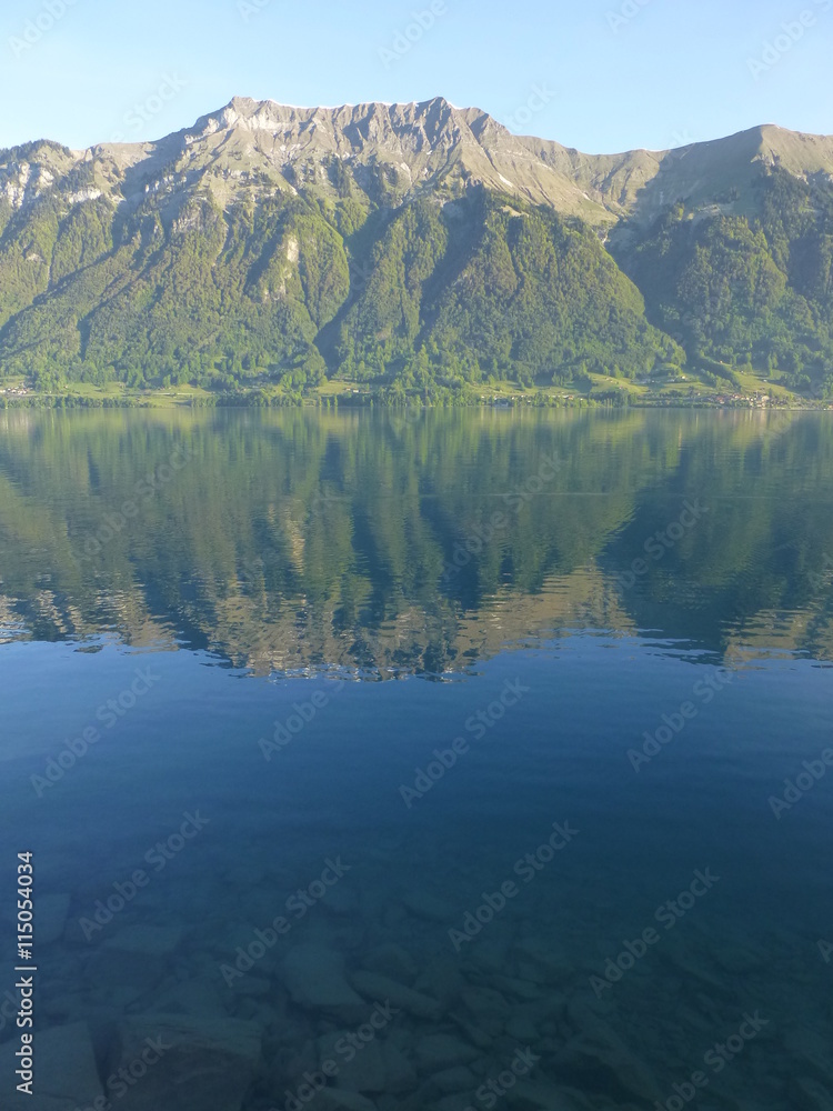 Early morning shot of Brienzersee lake, Switzerland, with mountain range opposite reflected in the calm lake, and submerged rocks visible through the clear water in the foreground