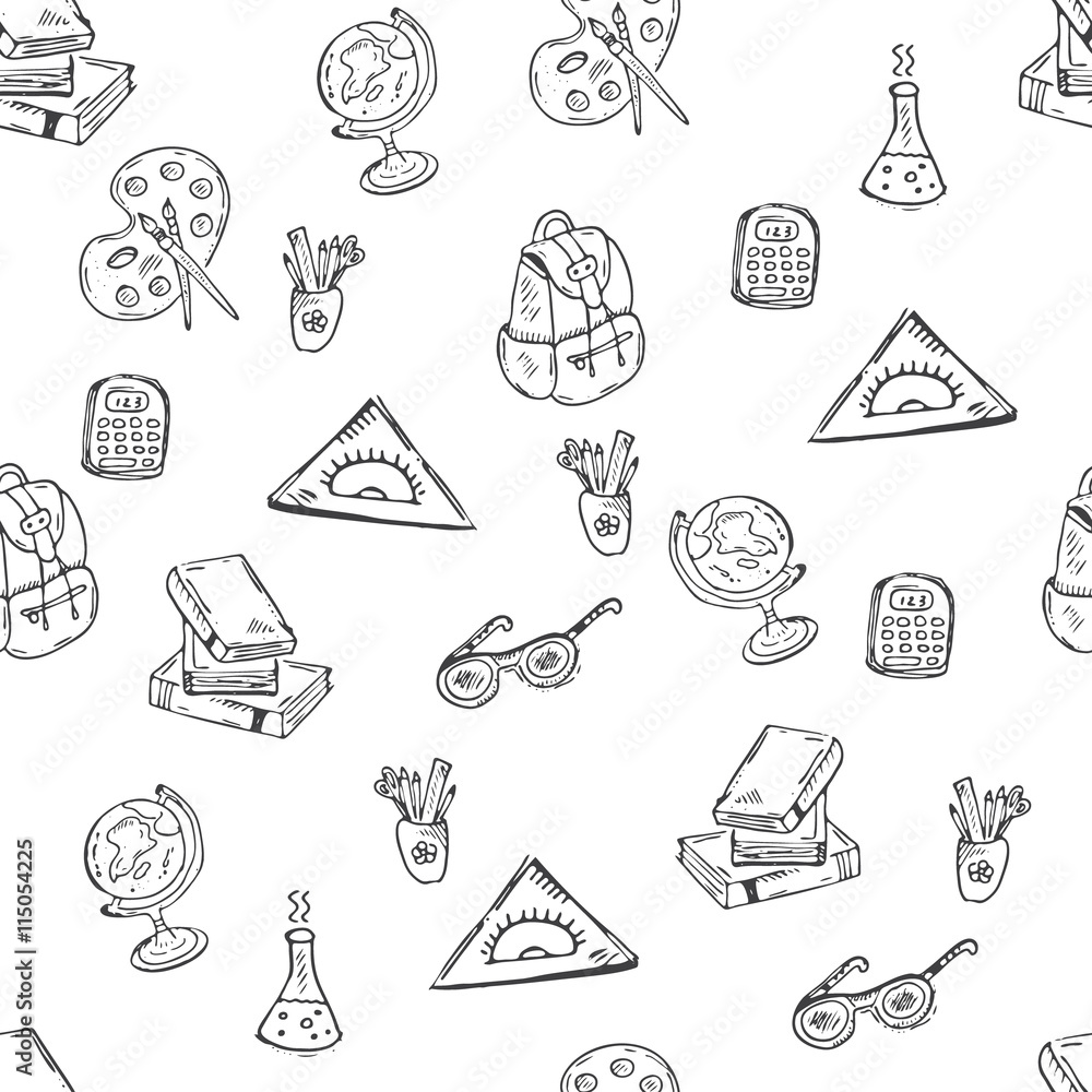 School class pattern with school supplies. Vector hand-drawn doodle illustration on white background for schools, university, kindergarden and classrooms. School class pattern with school supplies. Vector hand-drawn doodle illustration on white background for schools, university, kindergarden and classrooms.