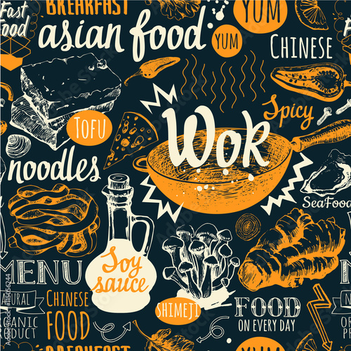 Seamless background with wok food symbols. Menu pattern.