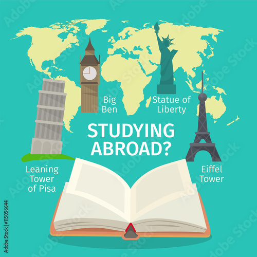 Abroad studying foreign languages concept. Colorful travel vector flat style illustration.