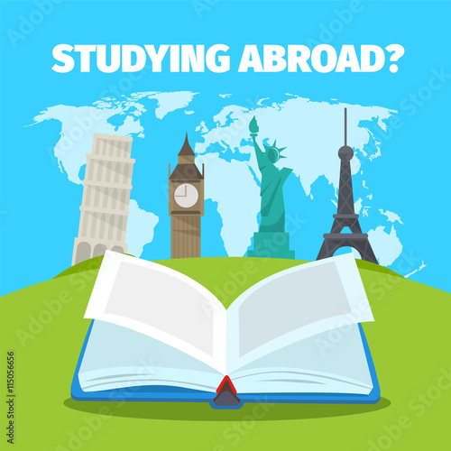 Abroad studying foreign languages concept. Colorful travel vector flat style illustration.