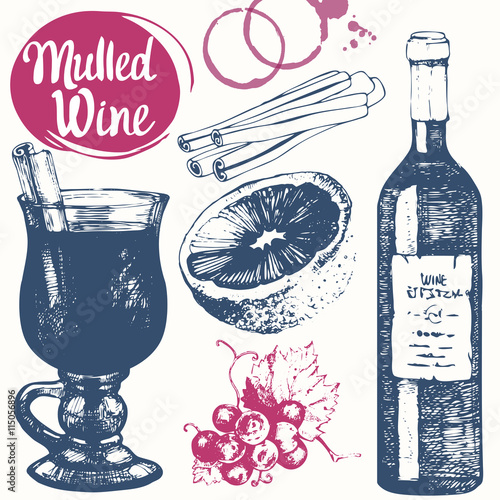 Mulled wine set in sketch style. Classical winter drink.