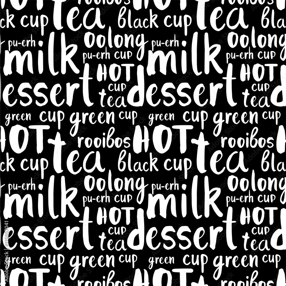 Obraz premium Pattern of tea party doodls. Seamless background with words.