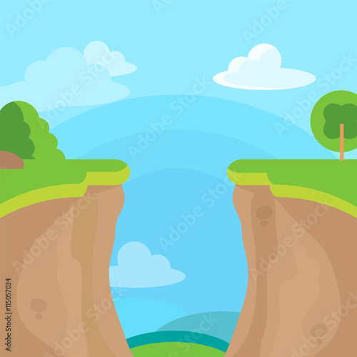 Abyss or cliff concept with trees, sky and clouds. Vector illustration.