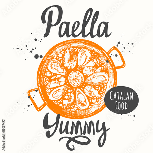 Catalonia food in the sketch style. Paella. Lettering design.