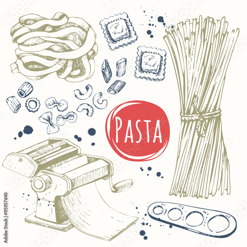 Vector illustration with pasta machine, , ravioli. Sketch design. 