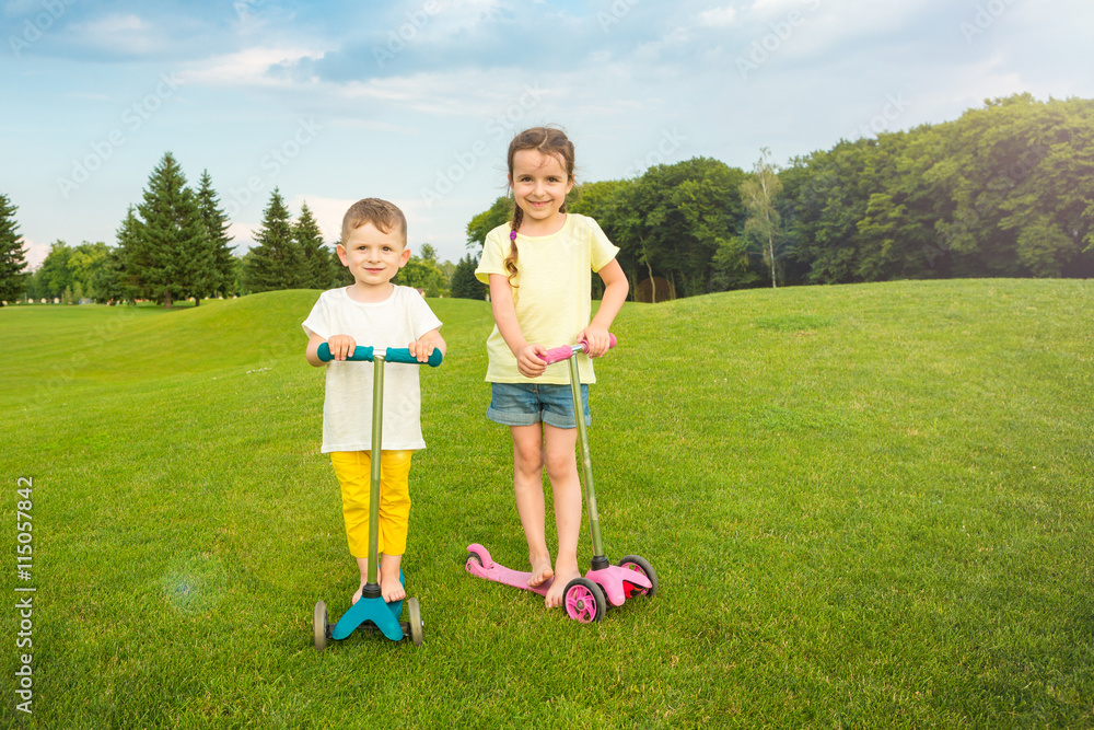 Funny two friends scooter bikers. Modern children's toys. Joyful summer. Happiness family and love together! Empty t-short template no print you can place brand image logo or ad information Funny two friends scooter bikers. Modern children's toys. Joyful summer. Happiness family and love together! Empty t-short template no print you can place brand image logo or ad information