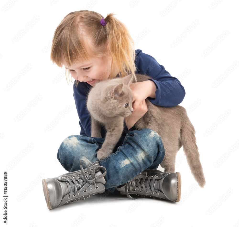 cute little girl sitting on the floor with cat in hands isolated on white background cute little girl sitting on the floor with cat in hands isolated on white background