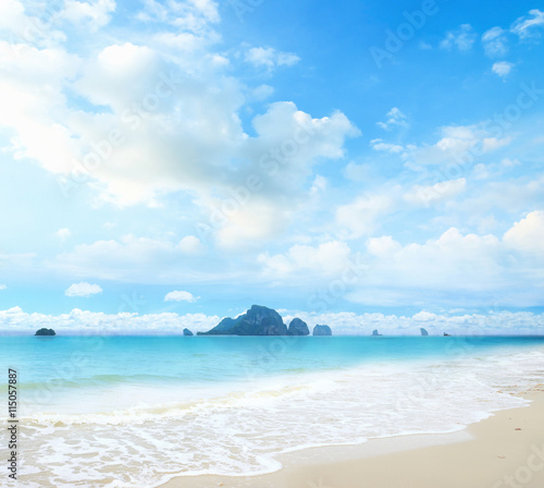 World environment day concept: Blue sky with clouds and tropical beach background.