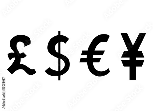 Zeichen für Währung, Pfund, Dollar, Euro, Yen