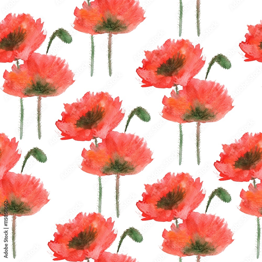 Obraz premium Seamless pattern with watercolor red poppy on a white background