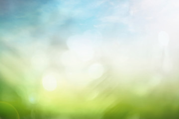 Sustainable environment concept with abstract green nature bokeh blurred background and blue sky sunlight