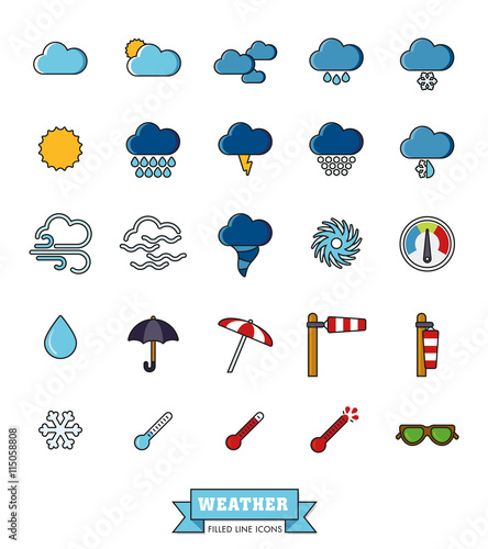 Weather and climate filled line icons set. Collection of 25 meteorology related symbols