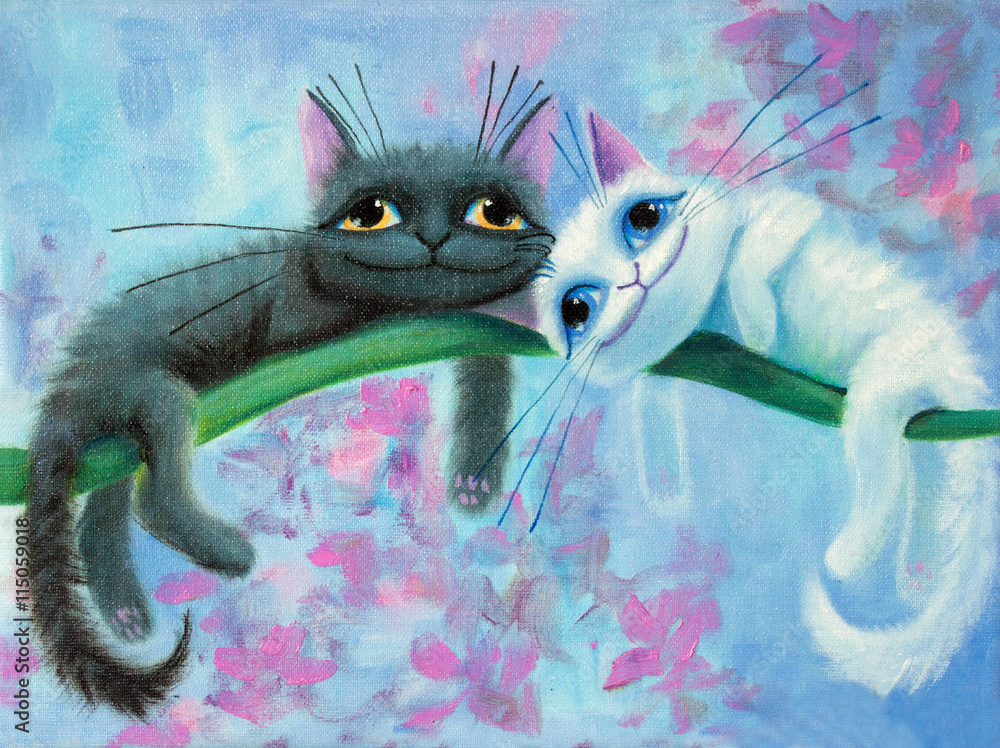 Obraz oryginalny obraz na płótnie białych i czarnych śmiesznych kotów o dużych oczach, radości i radosnym nastroju, część kolekcji ..