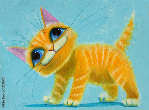 an original painting on canvas orange funny cat with big eyes, joy and happy mood, part of collection.