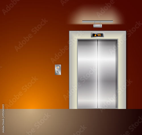 Open and Closed Modern Metal Elevator Doors. Hall Interior in orange Colors. Wall lamp and light