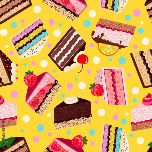 seamless pattern of sweet baked vector isolated cakes set.Strawberry cake for holiday   baked brown chocolate cake for gourmet  colorful birthday celebration cherry cake bakery with fruit. Vector