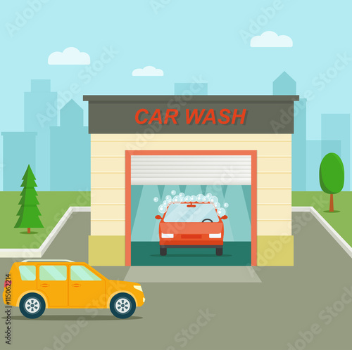 Car wash station. City landscape. Vector flat illustration
